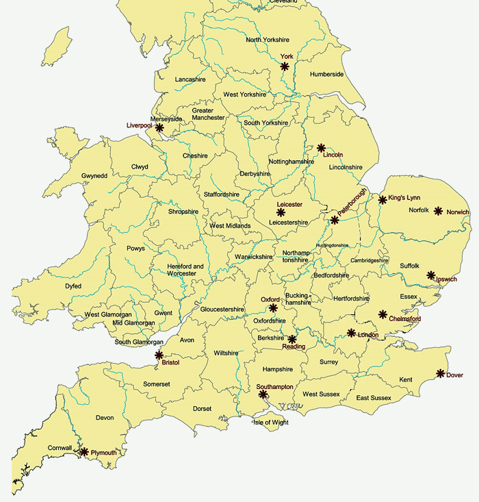 England County Boundaries Major Cities in the 1600's